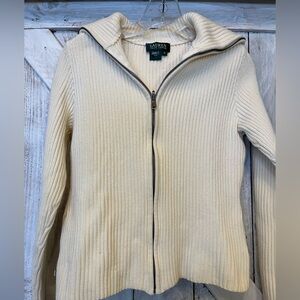 Lauren Ralph Lauren Cream Winter White Ribbed Cardigan Zipper Sweater Size M